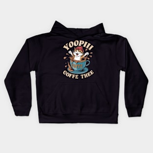 A hilarious and vibrant vintage-inspired illustration of an adorable cat wearing a red beanie, sitting inside a coffee cup that's spilling coffee. (2) Kids Hoodie